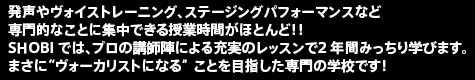 発声やヴォイストレーニング、ステージングパフォーマンスなど
専門的なことに集中できる授業時間がほとんど！！SHOBI では、プロの講師陣による充実のレッスンで2 年間みっちり学びます。まさに“ヴォーカリストになる” ことを目指した専門の学校です！